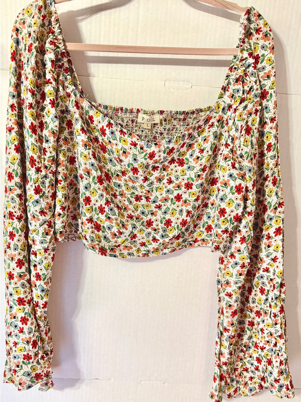 POL White Floral Square-Neck Crop Top with Red & Green Accents